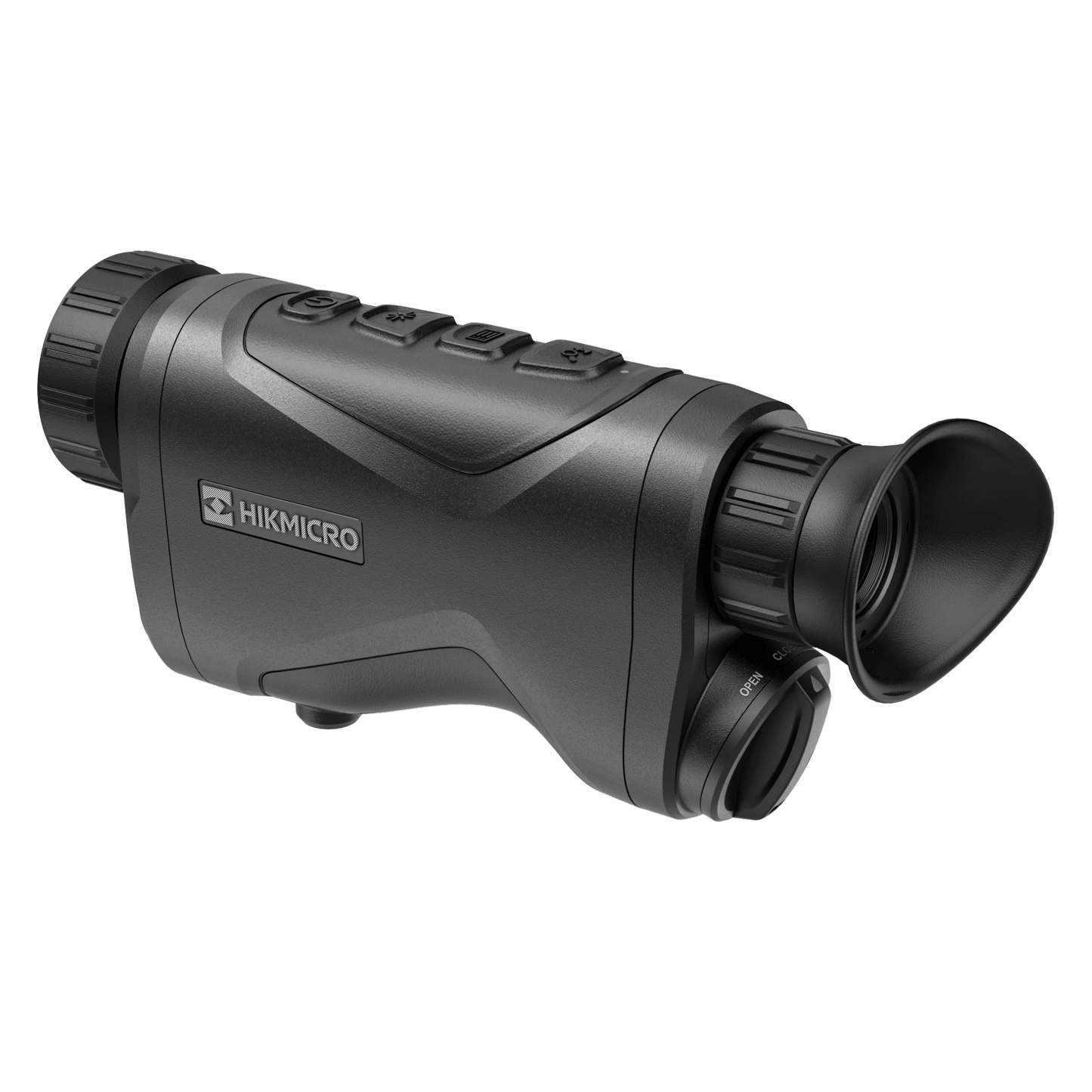 Rear and top view of the HikMicro GH35L Thermal Monocular, emphasizing the eyepiece, battery port, and strategically positioned control buttons. The branded logo is prominently displayed on the textured body, underscoring its application in outdoor, hunting, and security operations.