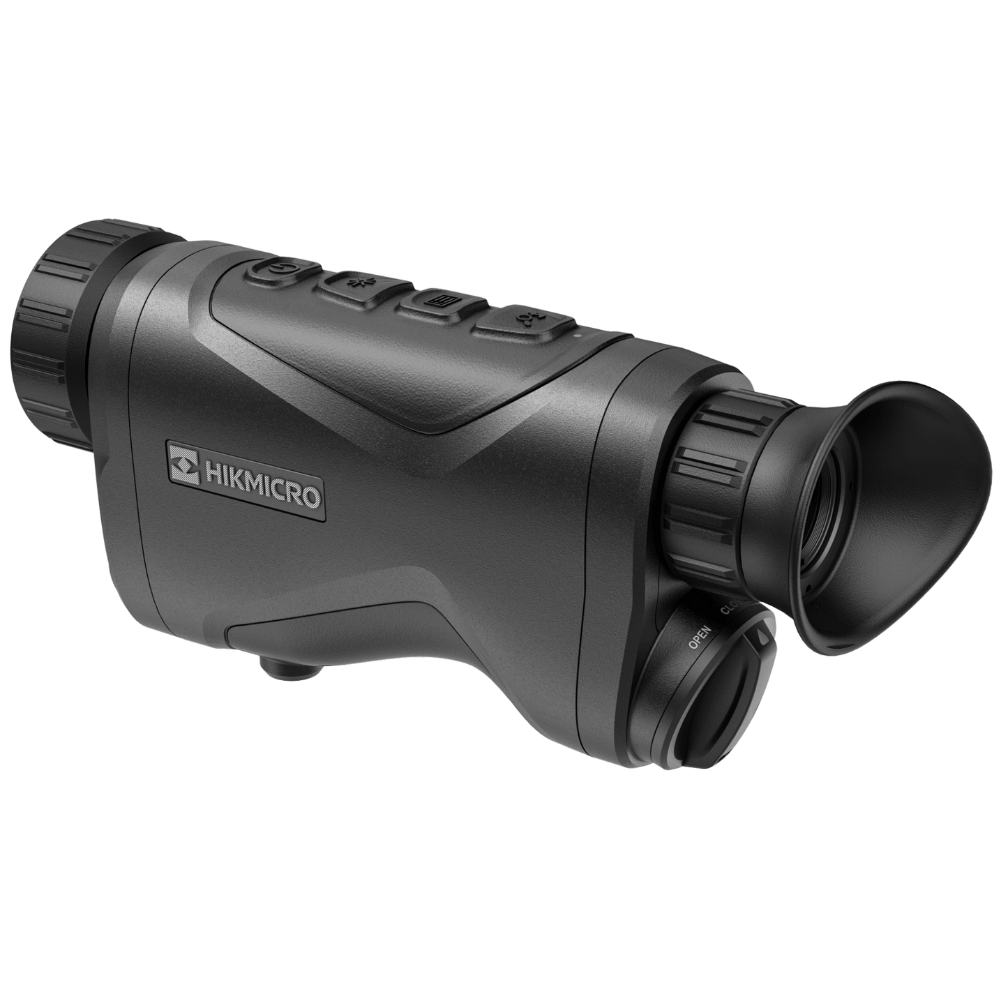 Rear view of the HikMicro Condor CQ35L thermal monocular, displaying its control buttons and HikMicro logo. The device's eyepiece is prominently shown, and its ergonomic design is accentuated with a focus ring near the eyepiece for precision adjustments. The black matte finish signifies its durable construction suited for hunting and security applications.