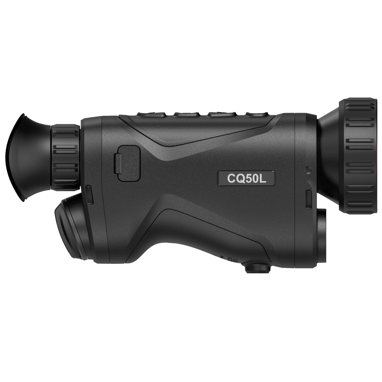 Side view of the HikMicro Condor CQ50L thermal monocular, highlighting its sleek design and CQ50L branding. A leading choice for both hunting and security/surveillance, this device boasts an integrated rangefinder for precision and clarity.