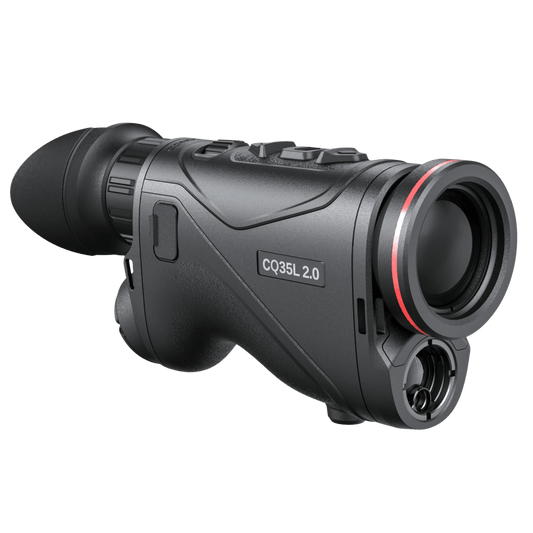 Hikmicro Condor LRF CQ50L 2.0 thermal monocular front angle highlighting the 50mm F0.9 Germanium lens, red accent ring, and lower LRF module