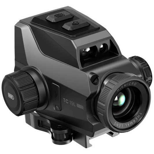 Facing front left: Hikmicro HIKTac TC19L thermal sight showing integrated laser rangefinder, Killflash objective protector, and built-in quick detach picatinny mount