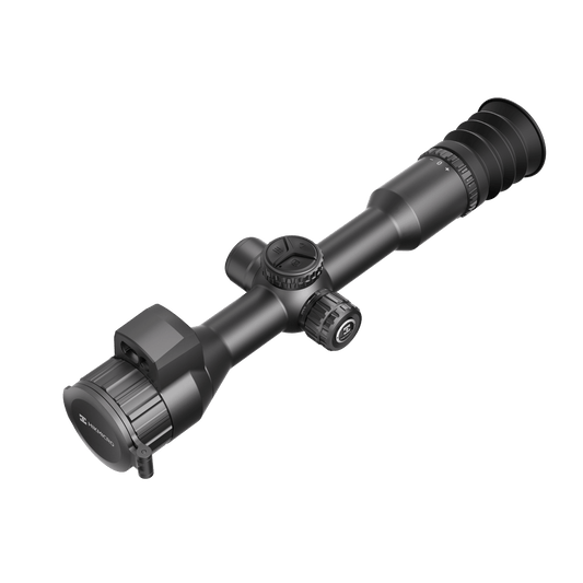 Top-down view of the HIKMICRO NEOS NH25L thermal scope, showing the integrated Laser Rangefinder turret, adjustment dials, and the streamlined chassis alignment.