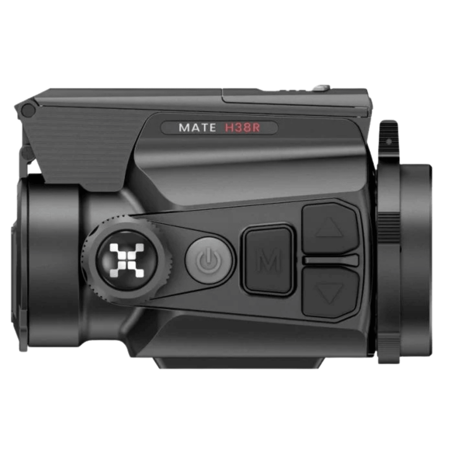 Side perspective of the Nocpix MATE Series thermal clip-on attachment featuring its rugged magnesium alloy housing and integrated control buttons with manual focus knob and model name