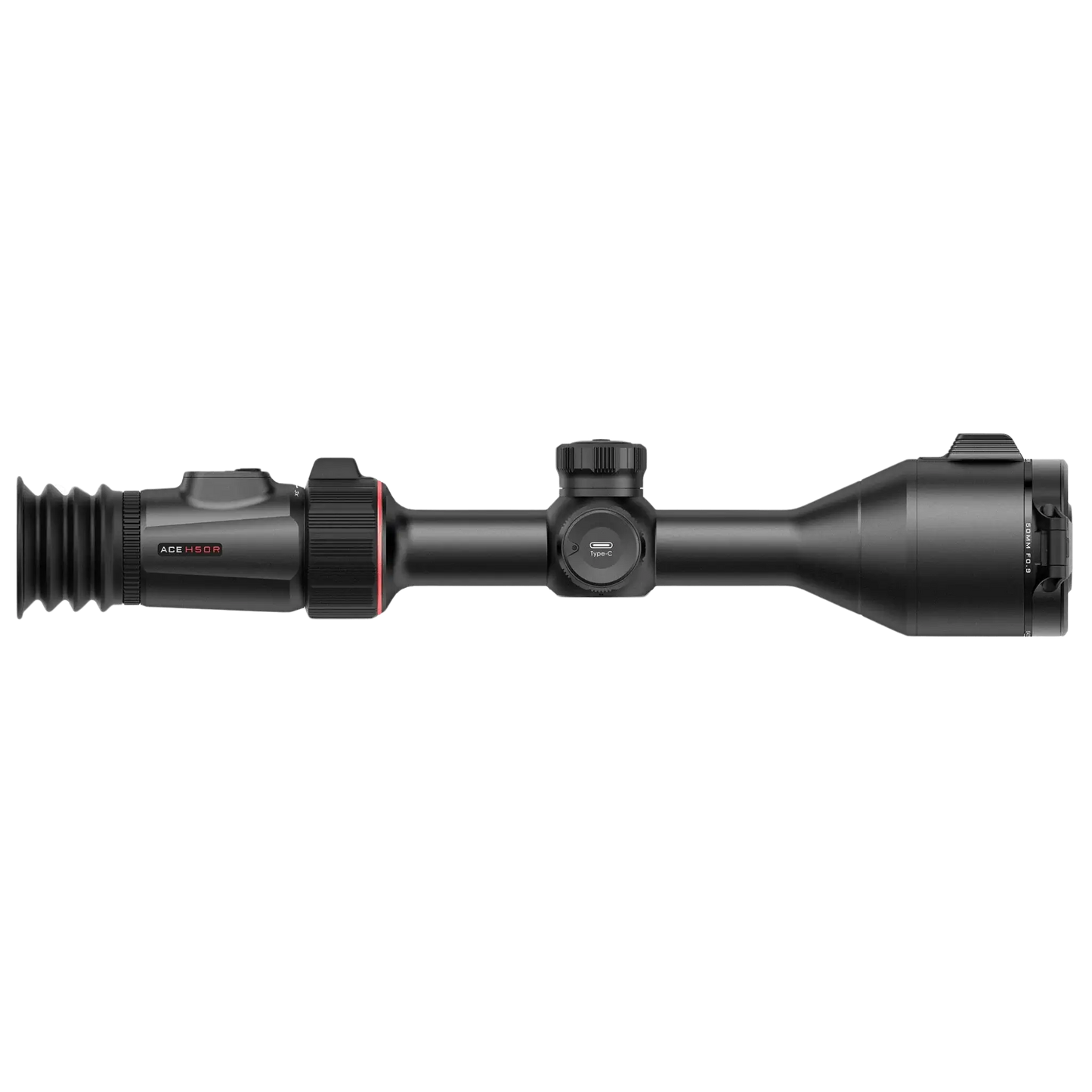 A right side profile view of the Nocpix ACE H50R thermal tube style scope, highlighting the integrated laser rangefinder and its traditional riflescope form factor.