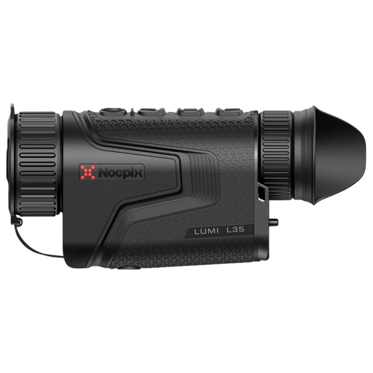 Side profile of the Nocpix Lumi L35 thermal imaging monocular, highlighting the compact design, textured grip, and prominent Nocpix branding.