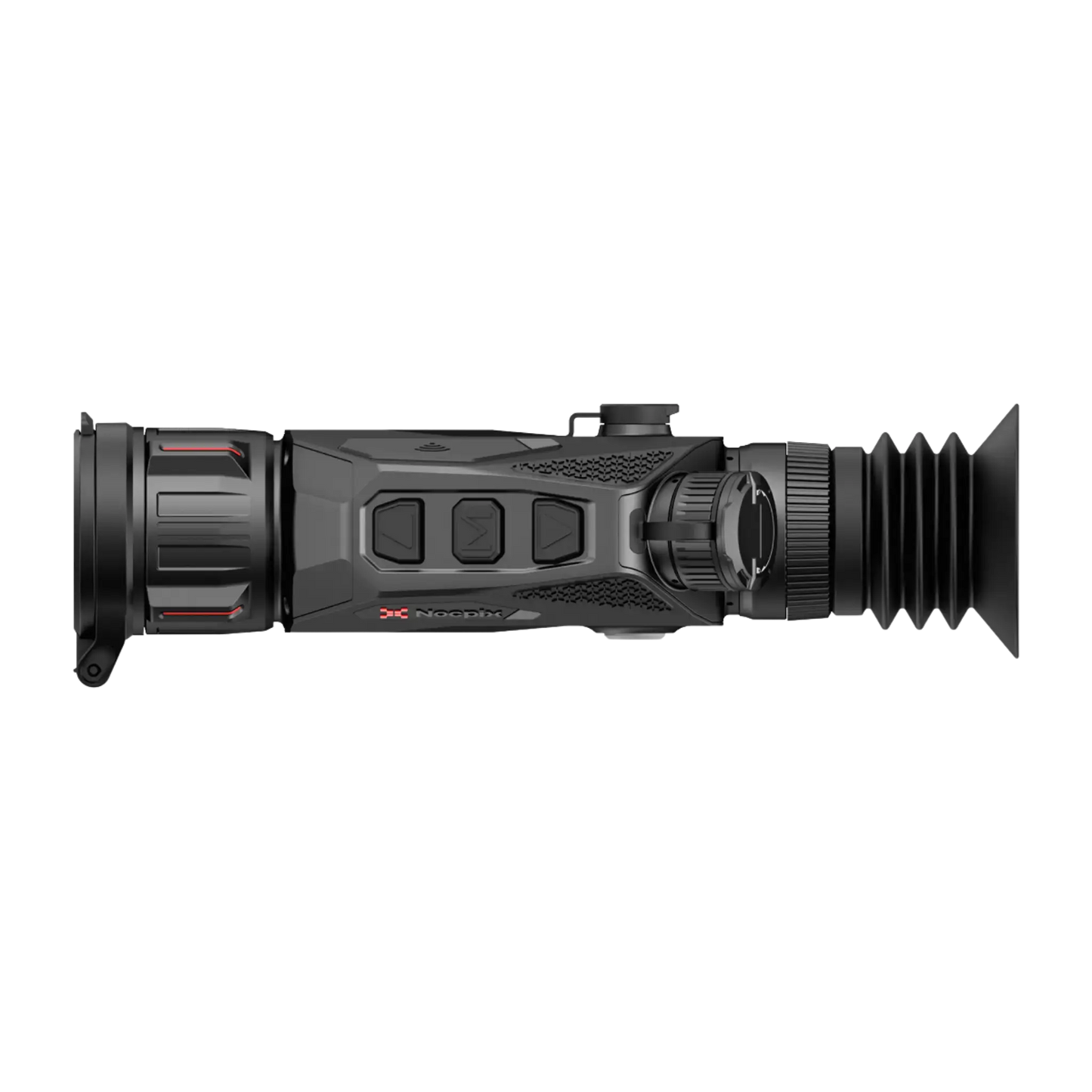 A top-down view of the Nocpix Slim H35 thermal scope, showcasing its control buttons and the 'Nocpix' logo on the textured surface.