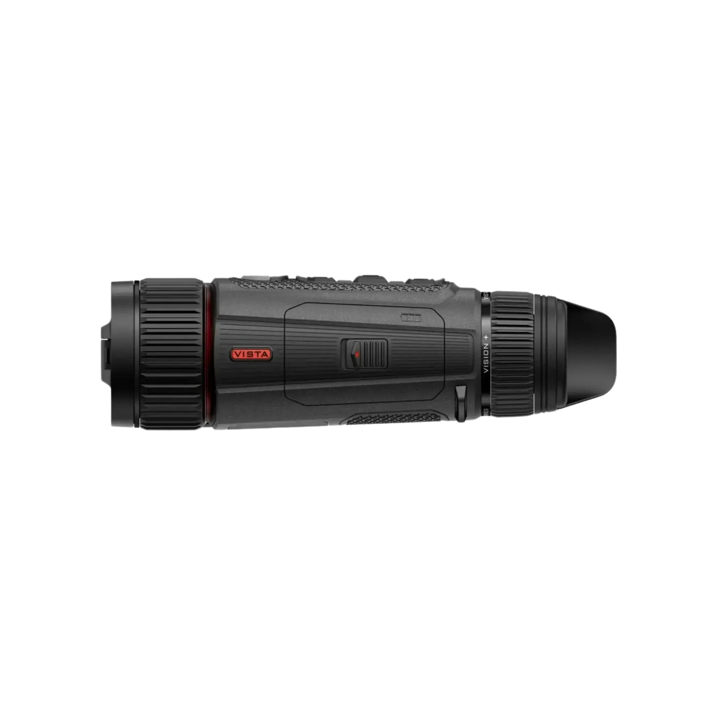 A side profile view of the Nocpix VISTA H35 thermal monocular, highlighting its compact shape and the placement of the focus ring and controls.