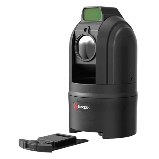 Nocpix MT-M6T25S a Black camera with a LRF on top of he lens, featuring the Nocpix logo, external battery