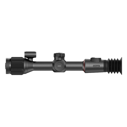 A side profile view of the Nocpix Bolt L35R thermal scope, with the objective lens on the left and the rubber eyepiece on the right. The image shows the scope's main body, turrets, and control panel.