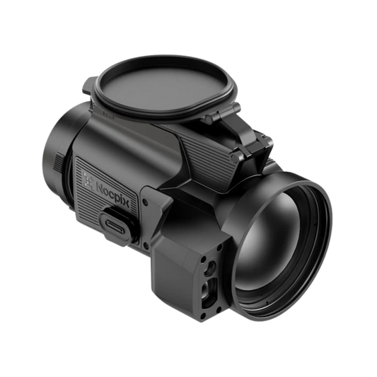 Front left angle of the Nocpix Mate ULTRA S60R thermal clip-on attachment, displaying the rugged magnesium alloy body and Built in Laser range finder