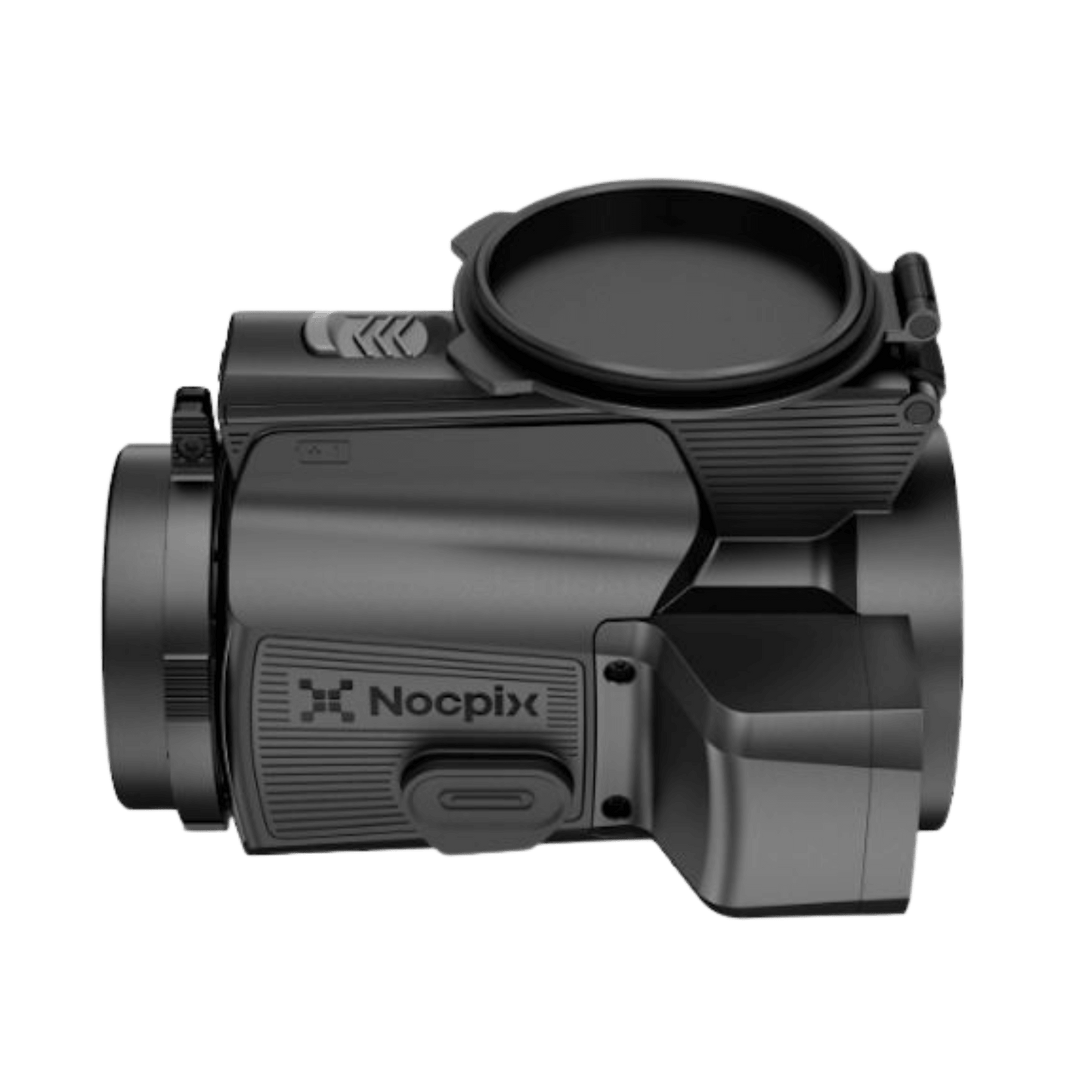 Nocpix Mate H50R Side profile view of thermal imaging clip-on with nocpix logo fully displayed and lens cap open