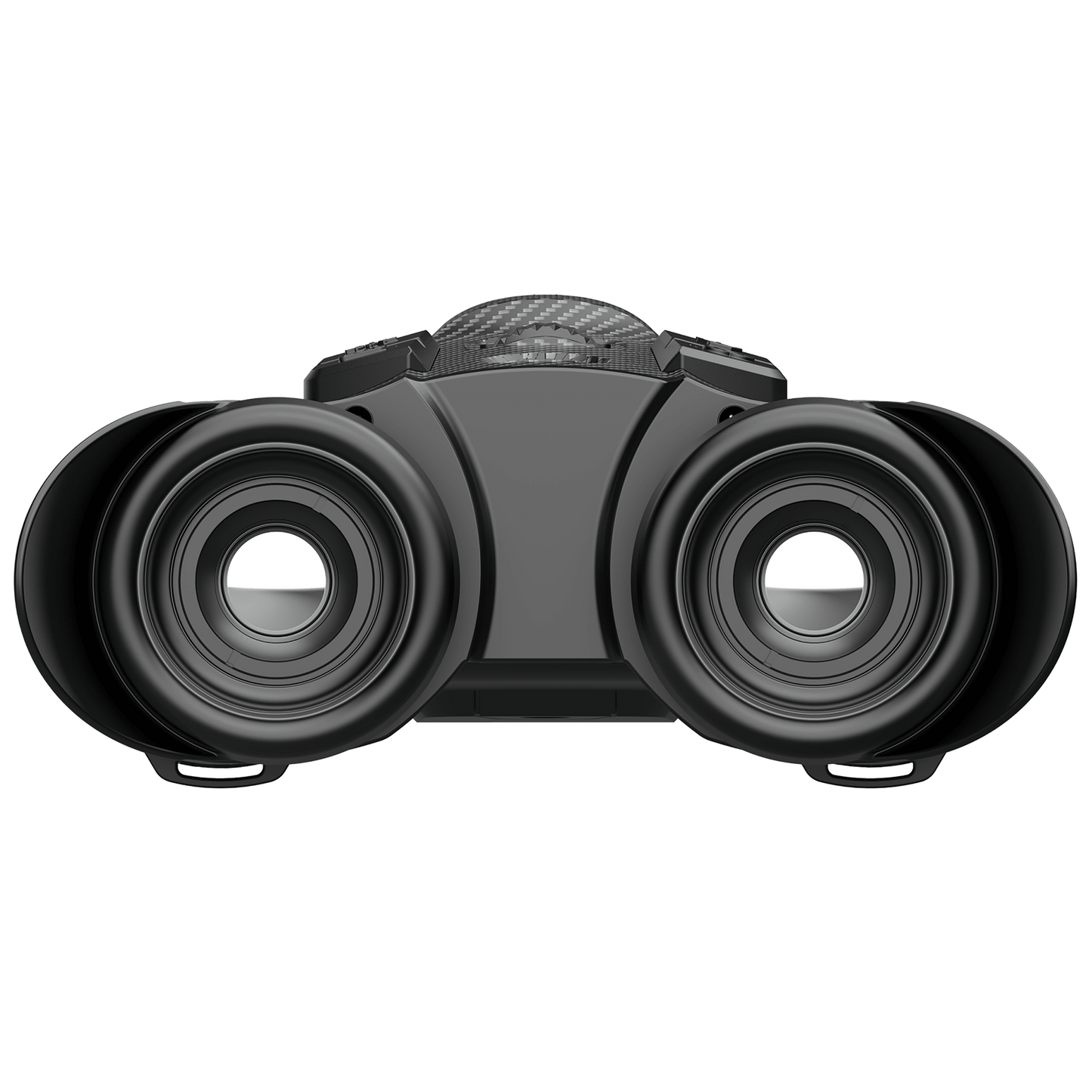 "Rear view of the Pixfra Draco D225 Multispectral Thermal Binoculars displaying the dual eyepieces with adjustable diopter rings, the foldable rubber eyecups, and the rear focus wheel for precise lens focus control located on the bridge.