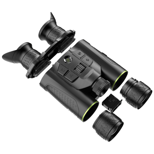 Top-down view of the Pixfra Draco D225 Multispectral Thermal Binoculars disassembled to show all components, including the main unit with button layout and Multi-Function Wheel, the rechargeable 18650 battery, battery charger, USB-C cable, and carrying strap