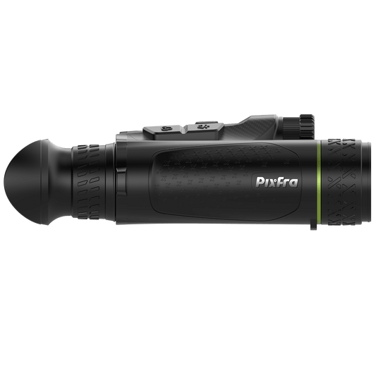 "Side profile of Pixfra Draco D635-4K showing the compact design, Pixfra branding, and connection ports for charging and data transfer.