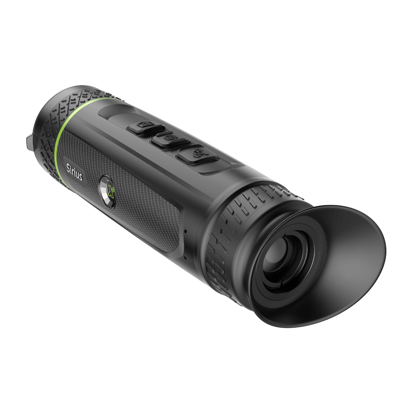 Rear view of the Pixfra Sirius S635 Thermal Monocular displaying the single eyepiece assembly with a rubber eyecup and diopter adjustment control for focusing the thermal display.