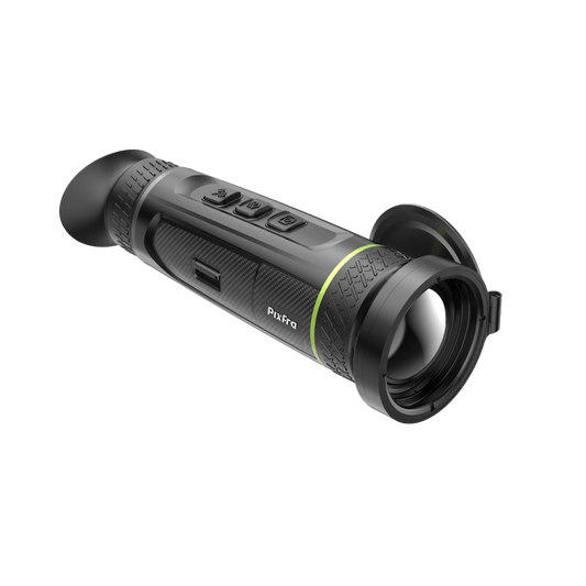 Pixfra Sirius S650 front left view showing the objective lens, green rings, and the power button located on the side of the device.