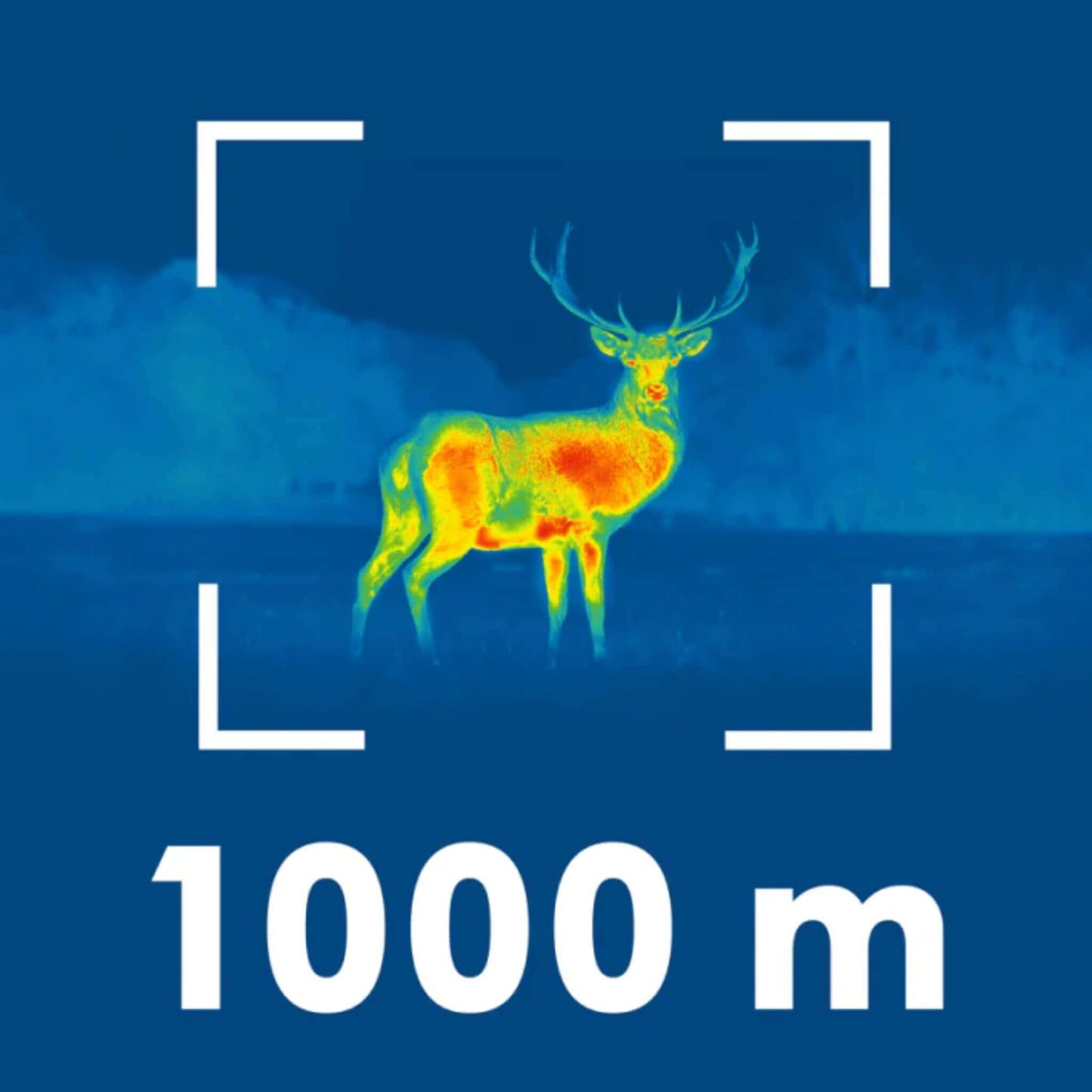 A person wearing hunting gear is carrying a rifle and a pair of black Pulsar Merger LRF thermal binoculars on a strap over their shoulder. The binoculars are hanging in front of the person's right hip, facing outward with the lenses visible. The person is standing near a body of water with mountains in the background.