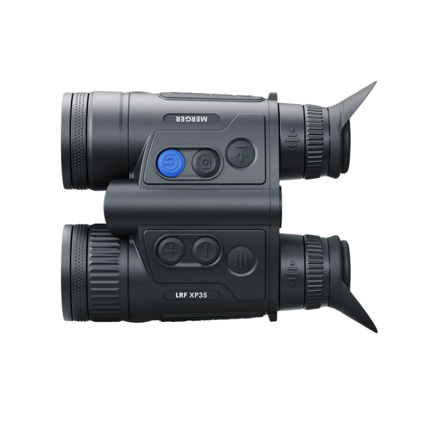 Pulsar Merger LRF XP35 - Compact Thermal Imaging Binoculars with Integrated Rangefinder - tradfitional binocular styled thermal binoculars , device is shown from the top down left displaying the button system