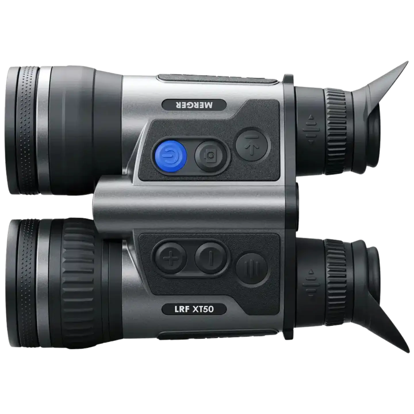 Pulsar Merger LRF XT50 HD Thermal Binoculars - HD thermal Binoculars built for tough conditions, featuring European made thermal technology - Top down view of thermal device showcasin the button layout and Merger logo