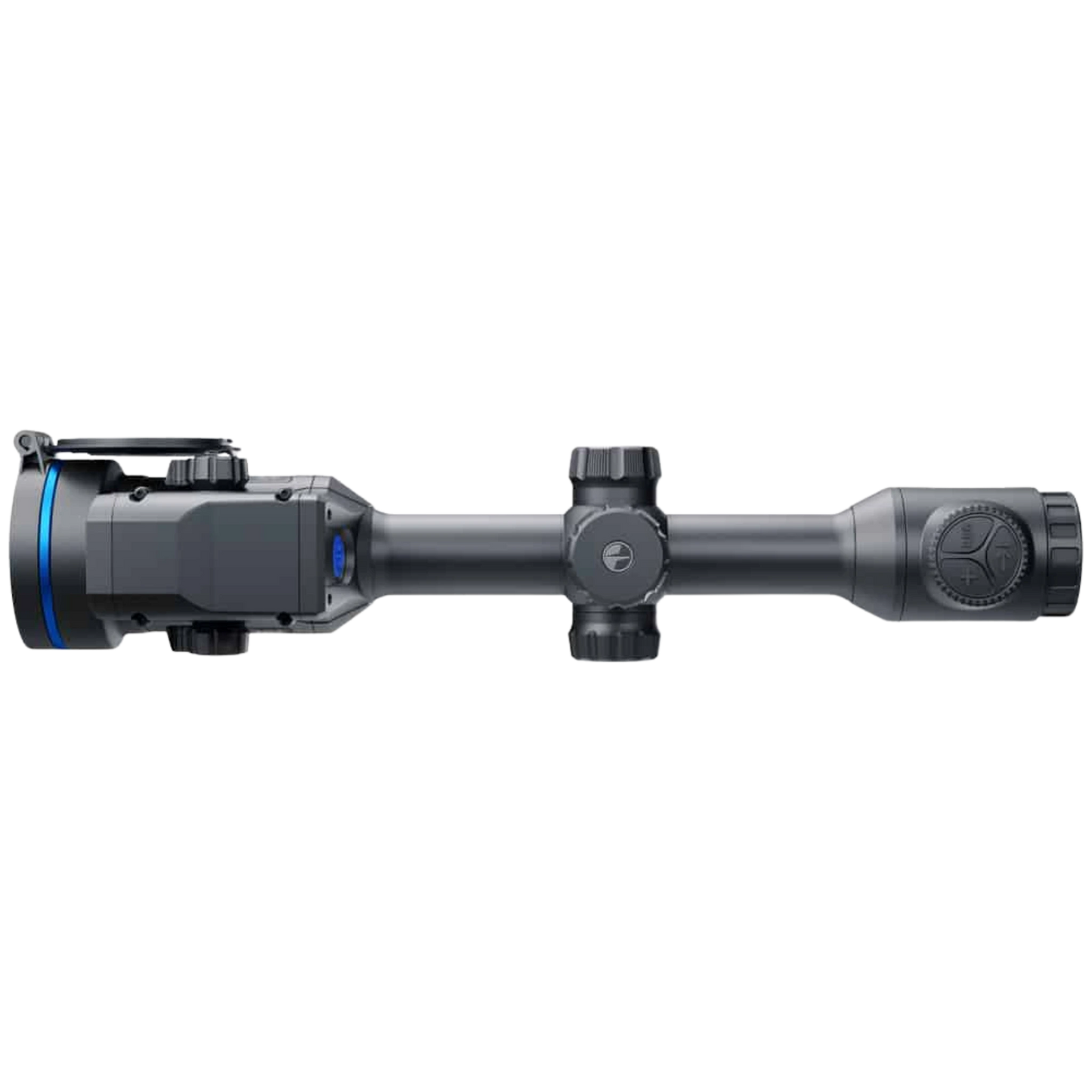Pulsar Thermion 2 LRF XG60 thermal scope with integrated laser rangefinder module and traditional 30mm mounting tube. Top view of thermal imaging scope