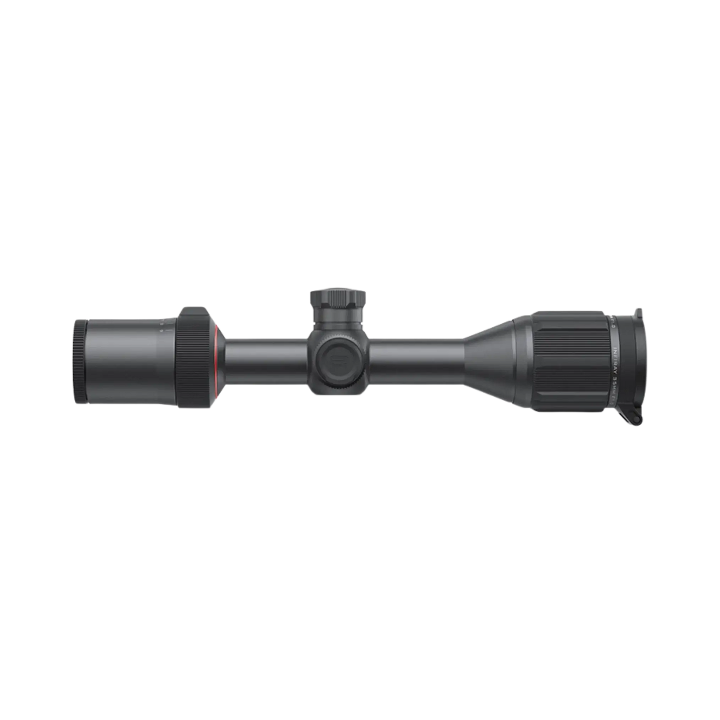 Second Hand InfiRay TUBE TL35 V1 thermal imaging scope, right side profile. The scope is black and cylindrical, resembling a traditional rifle scope, showing its length and side-mounted features such as adjustment turrets or controls.