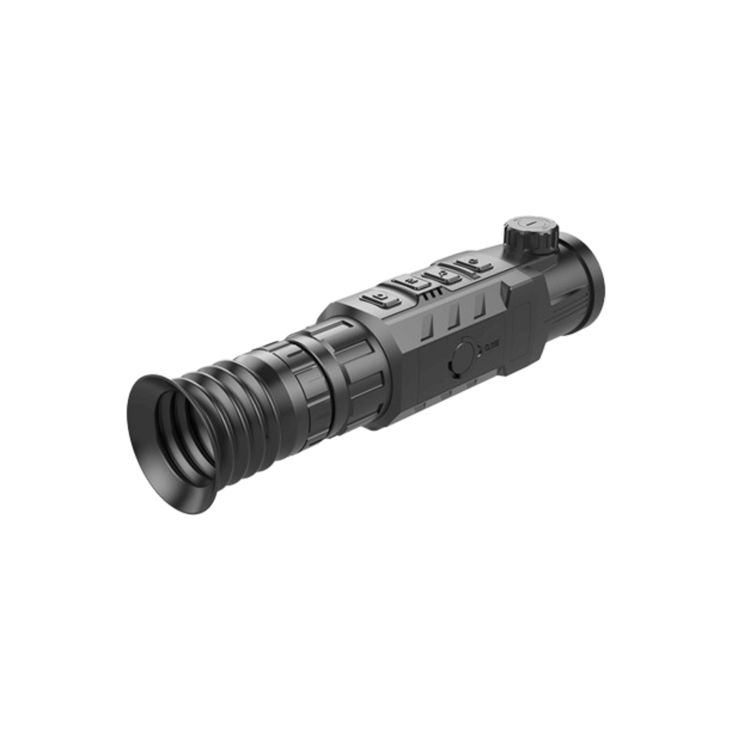 A second-hand, black InfiRay Rico RL42 thermal imaging riflescope is shown from a rear view. The prominent eyepiece is visible, with potential adjustment rings around it. The top of the scope shows adjustment knobs. The sides of the scope, where a Laser Rangefinder could be mounted, are bare. The overall shape is cylindrical.