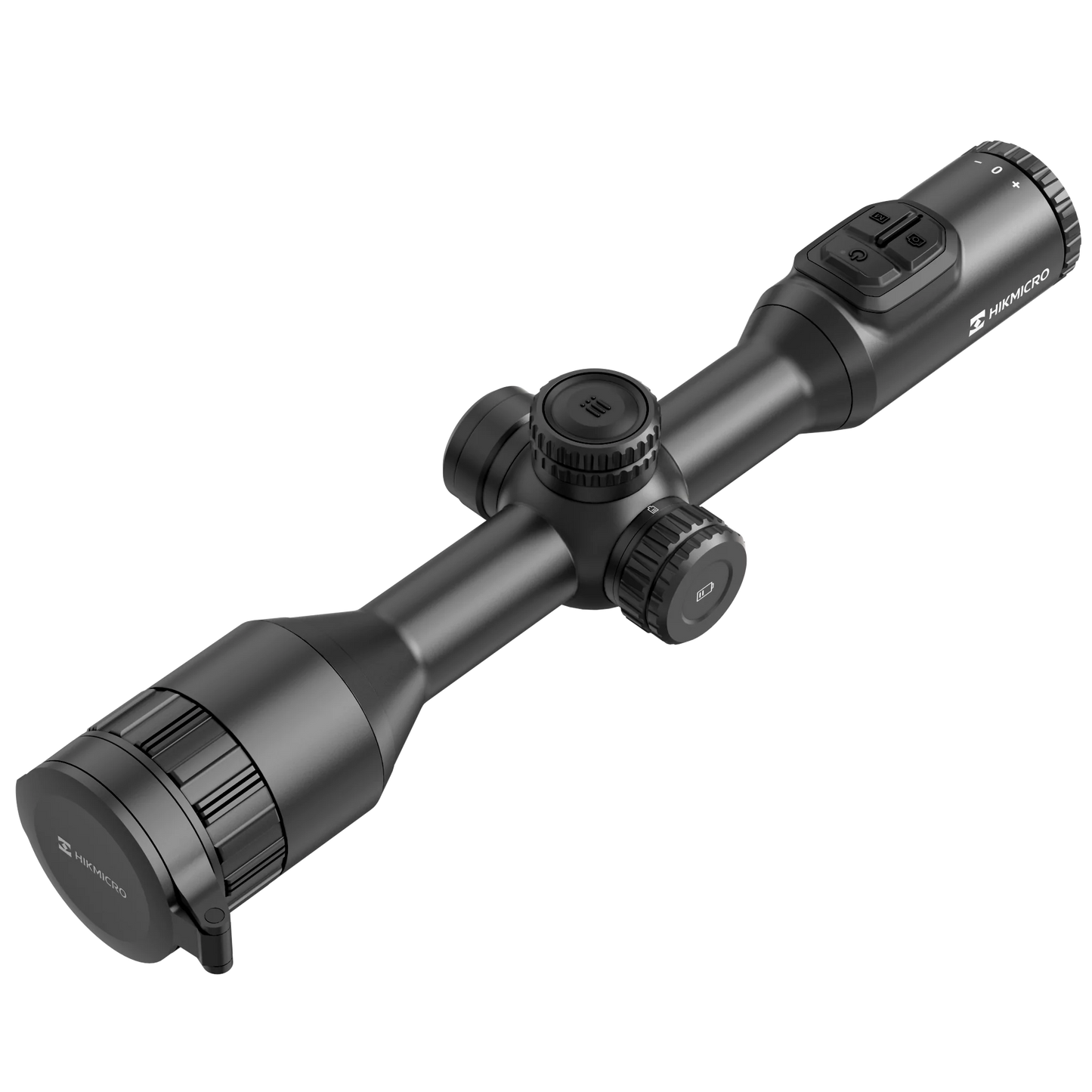 Hikmicro STELLAR SQ50L 3.0 thermal imaging riflescope, shown from the top facing left. It is black with a large objective lens on the left and multiple dials and buttons for adjustments on the top and right.