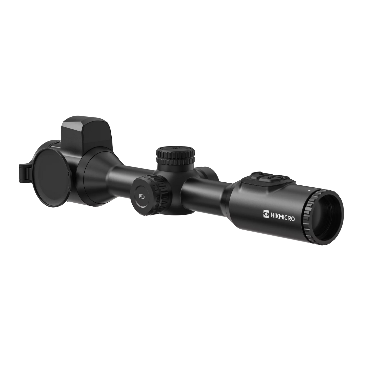 Hikmicro STELLAR SQ35L 3.0 thermal imaging riflescope, shown from the back right side. It is black with a large objective lens on the left and multiple dials and buttons for adjustments on the top