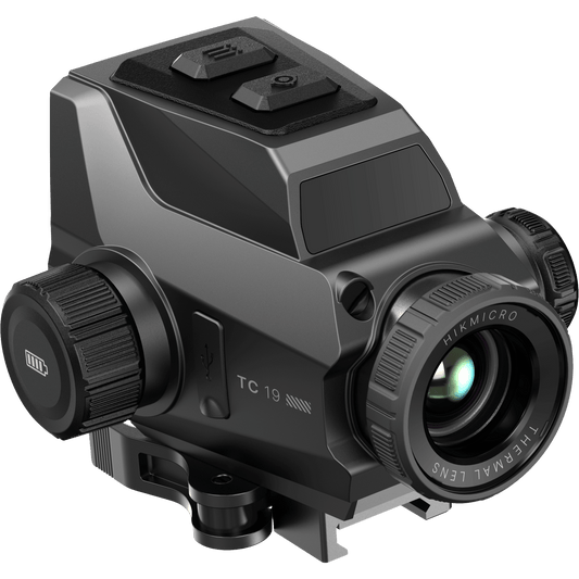 Hikmicro Hiktac TC19 Facing left side: Low-profile 106.9mm chassis breakdown of the Hikmicro HIKTac TC19 tactical thermal scope showing objective lens placement and compact height dimension