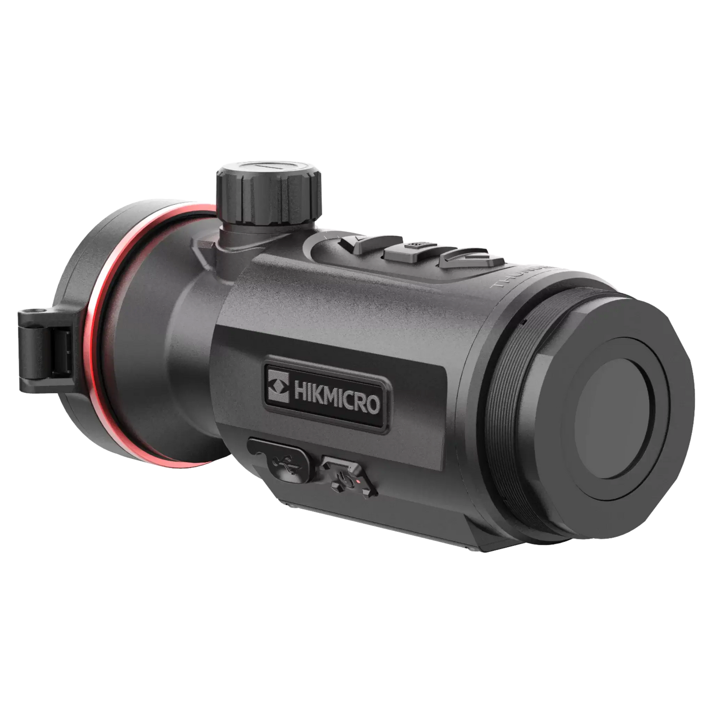 Rear view of a HIKMICRO thermal imaging clip-on scope, showing the mounting threads for attaching to a rifle.