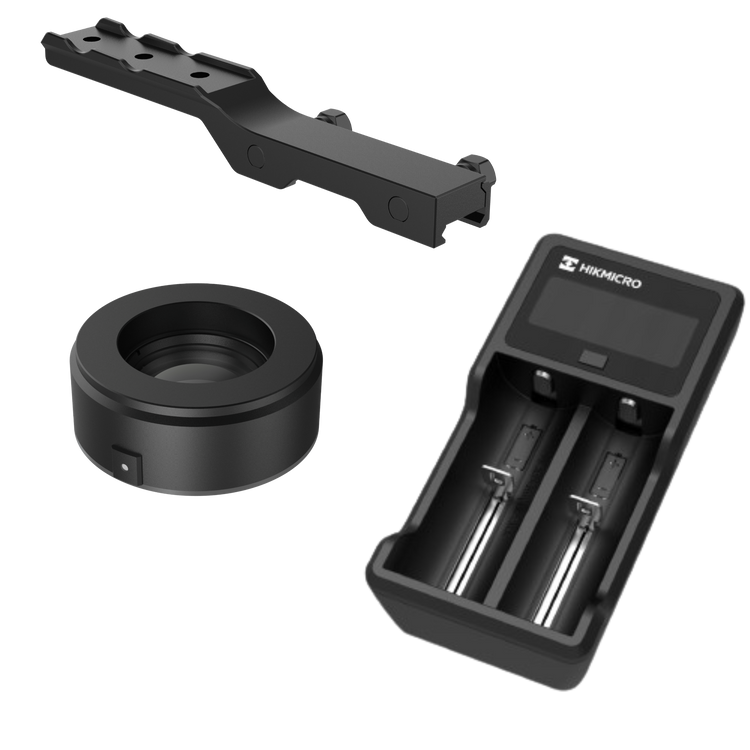 Hikmicro G31 F30.6 F1.3 Lens Accessory Kit: Includes lens, ocular eyepiece, rail mount adapter, and battery charger 