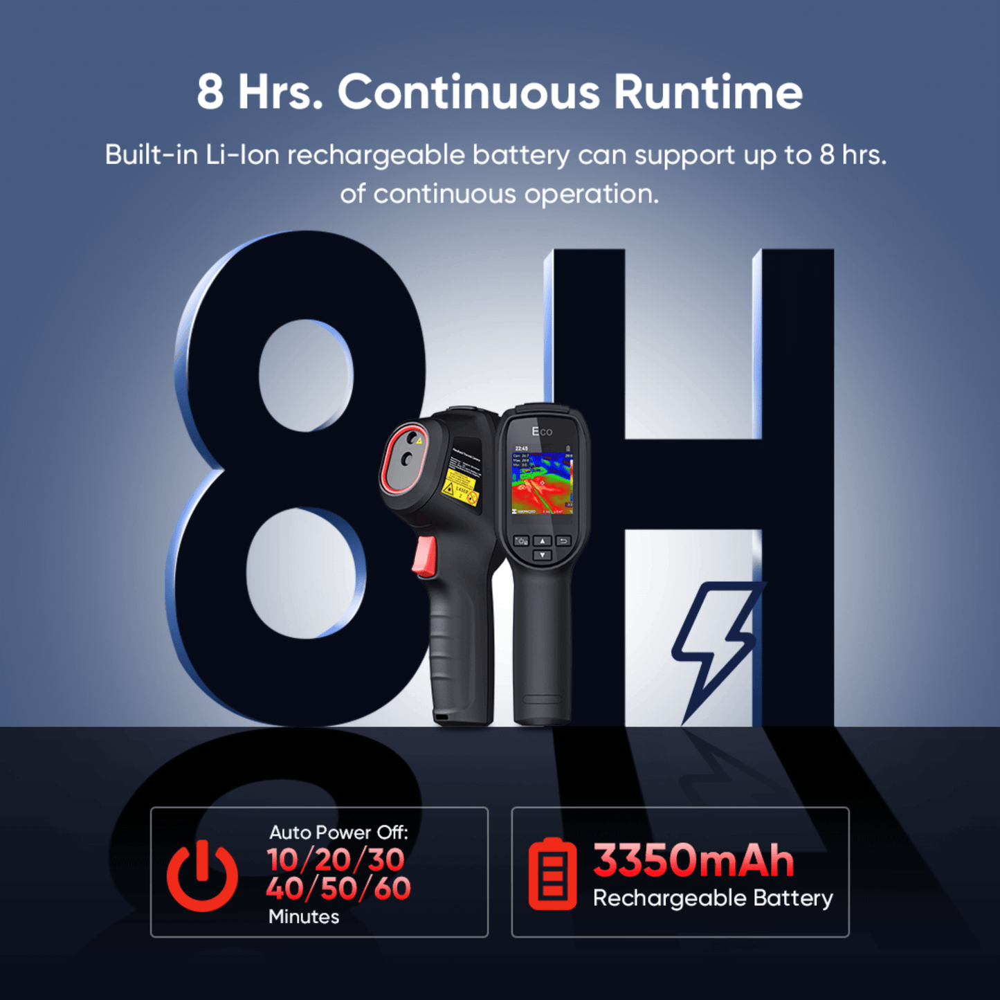 Get 8 hours of continuous use from the Bi-Spectrum HikMicro Eco-V Handheld Thermal Imager 