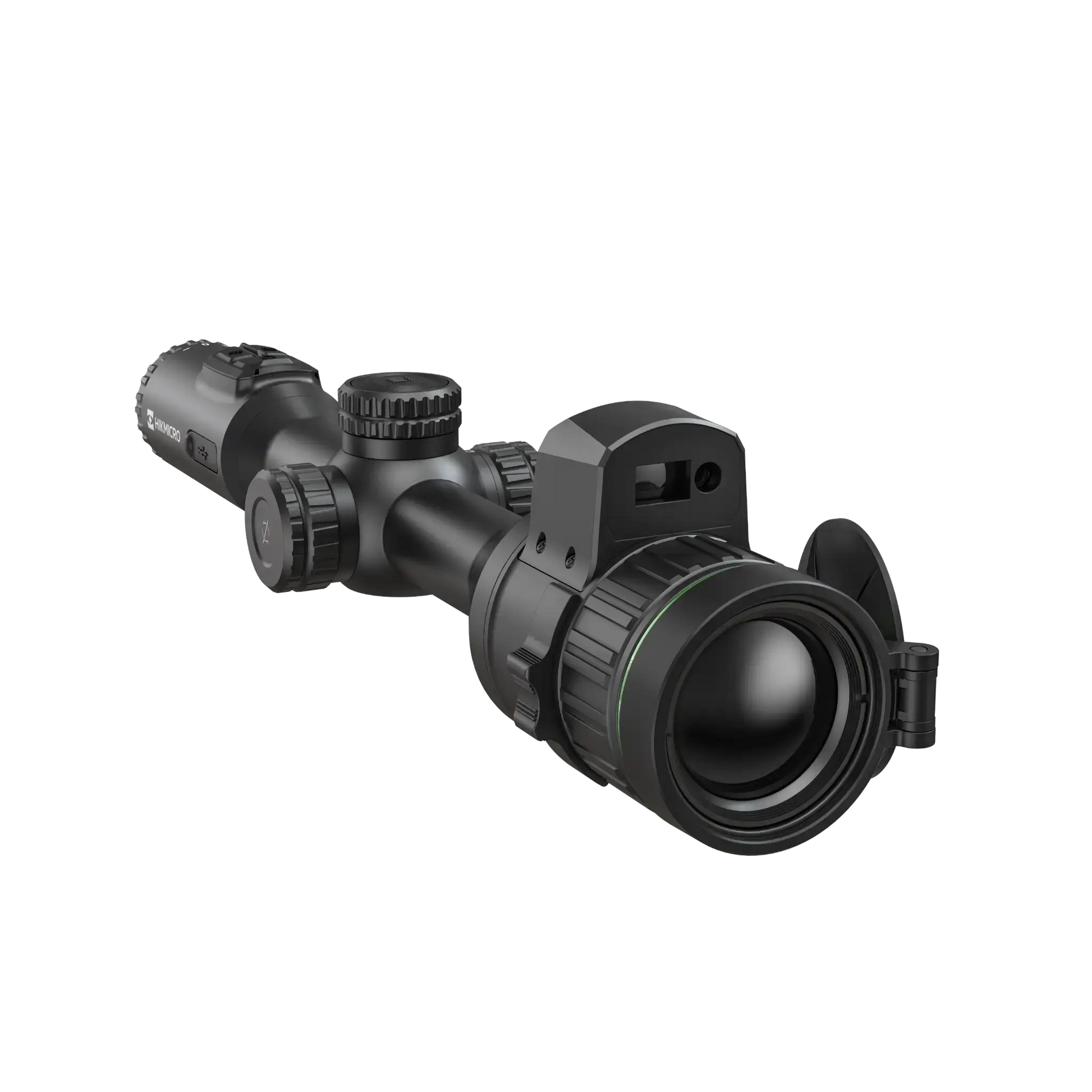 A black Hikmicro Alpex A50EL 4K - Digital Day and Night Vision Scope with a large lens facing the viewer, multiple adjustment knobs, and a hinged lens cap on top. device is facing right