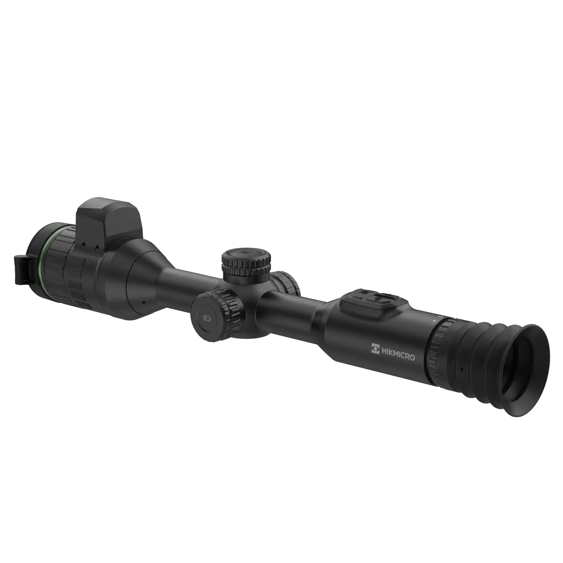 A black Hikmicro Alpex A50EL 4K digital day and night vision scope with a large lens facing left, multiple adjustment knobs on top, facing backwards with a rubber ocular eye piece.