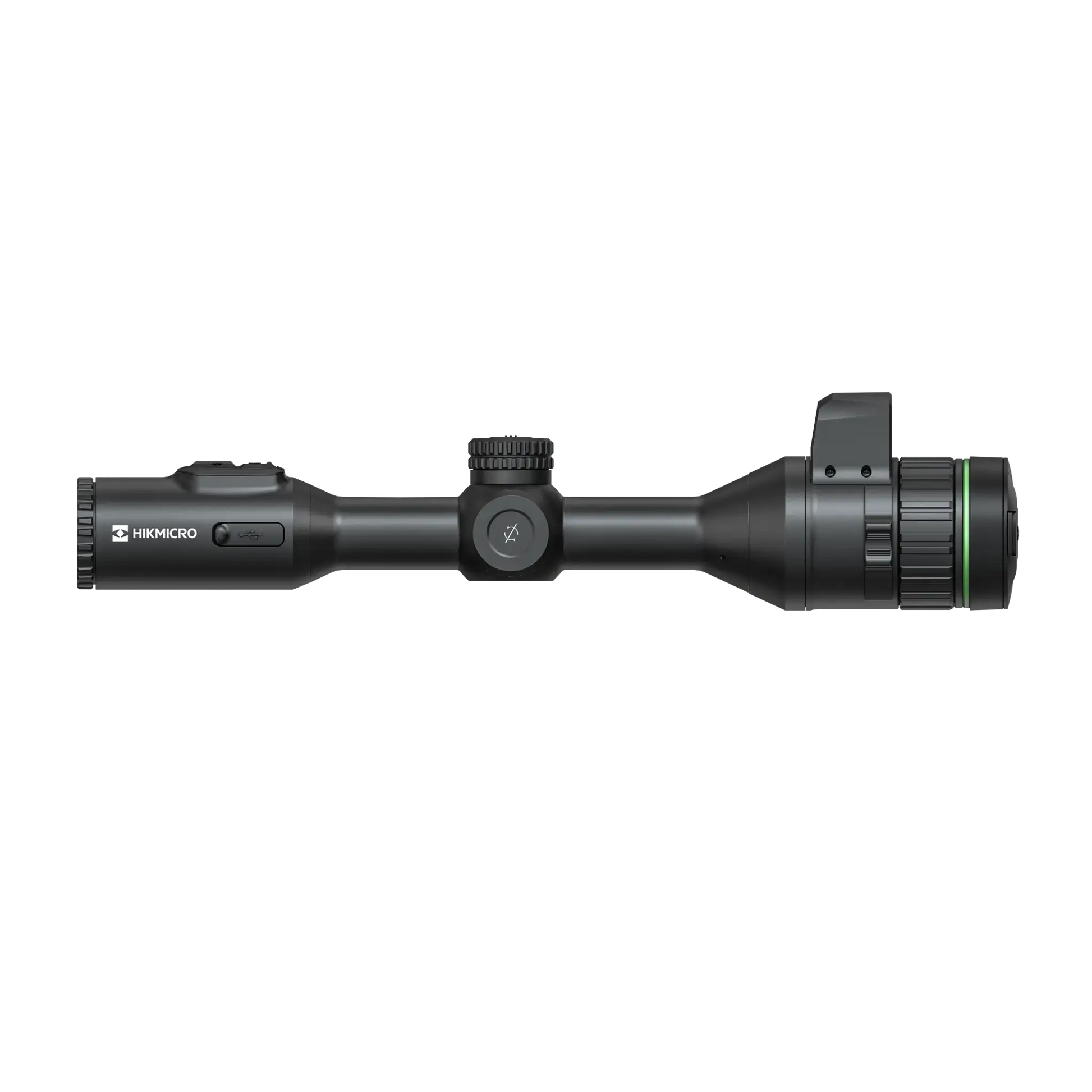 A black Hikmicro Alpex A50EL 4K digital day and night vision scope with a large lens facing left, multiple adjustment knobs on top, and a hinged lens cap. device is turned fully to the right