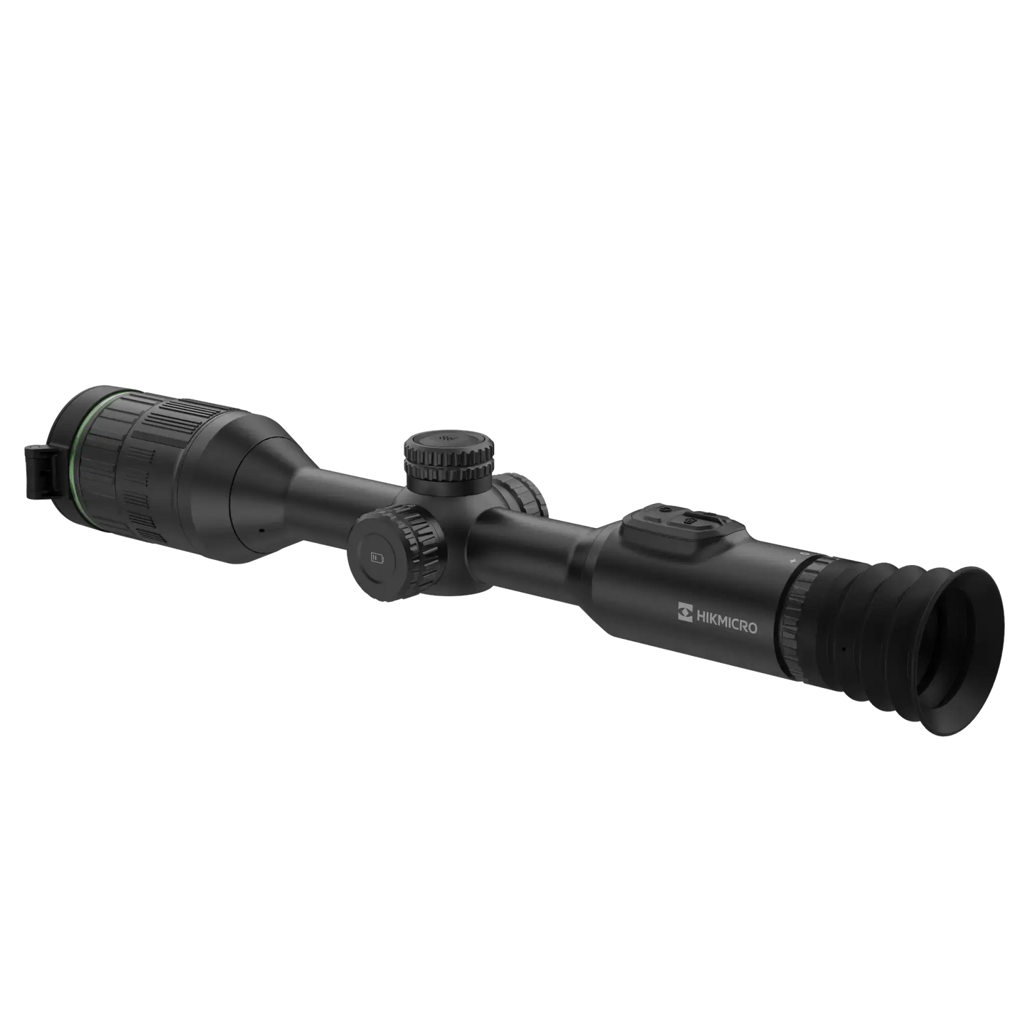 A black Hikmicro Alpex A50E 4K digital day and night vision scope with a large lens facing left, multiple adjustment knobs on top, and a hinged lens closed device facing backward showing rubber ocular eye-piece