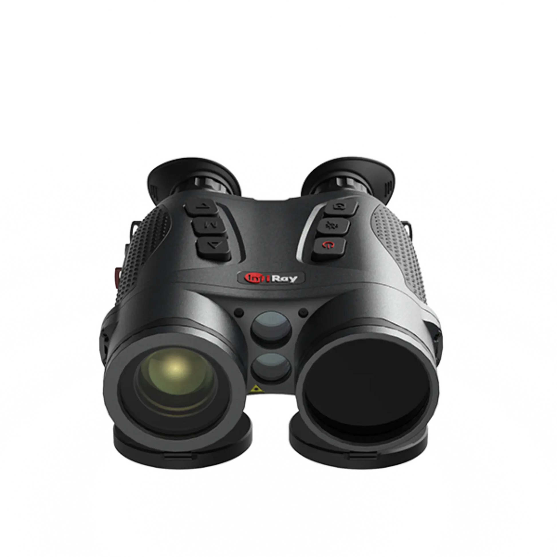 Front view of InfiRay Gemini GEH50R thermal imaging binoculars, showcasing the dual lenses, control buttons, and ergonomic design.