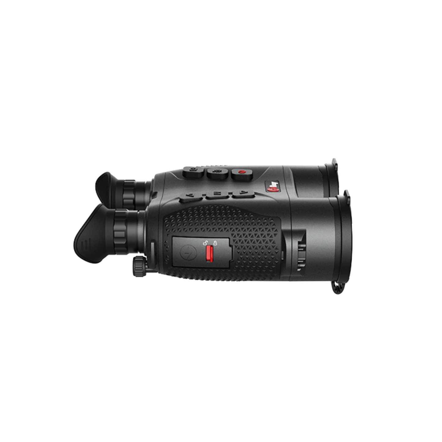 Left view of InfiRay Gemini GEH50R thermal imaging binoculars, showcasing the dual lenses, control buttons, and ergonomic design.