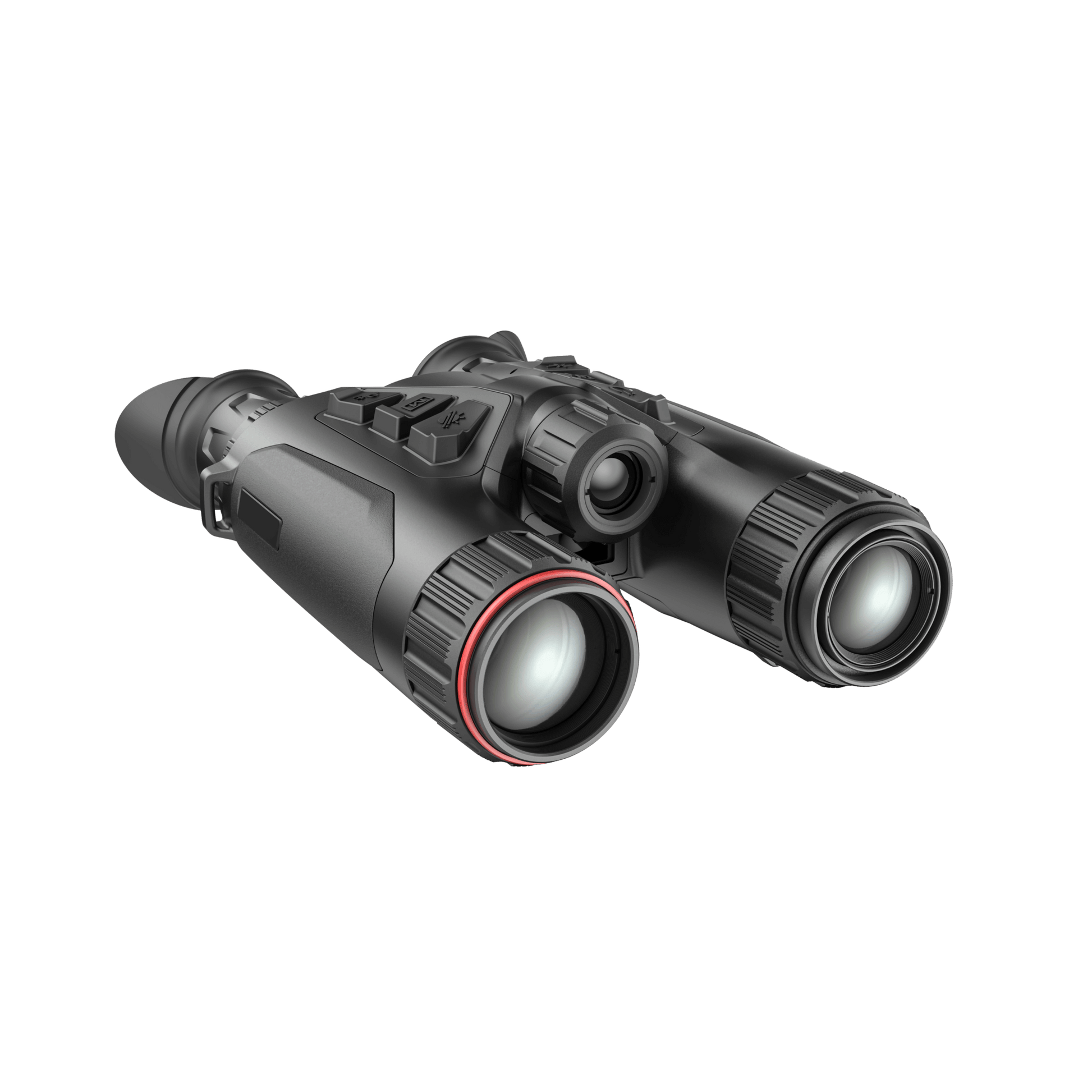 Front view and slightly turned right of the Hikmicro Habrok 4K HE25L thermal imaging binoculars, showcasing the dual lenses, ergonomic design, and control buttons.