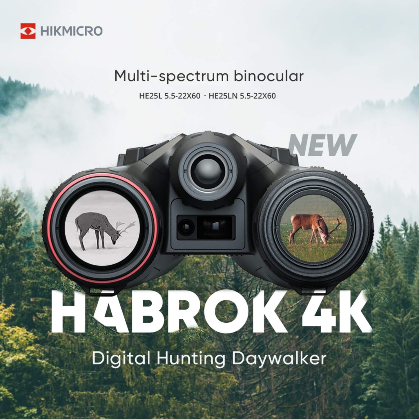 Promotional image for the Hikmicro Habrok 4K HE25L/HE25LN multi-spectrum binocular, featuring a black body with red accents, dual lenses, and a thermal image of a deer in the viewport.