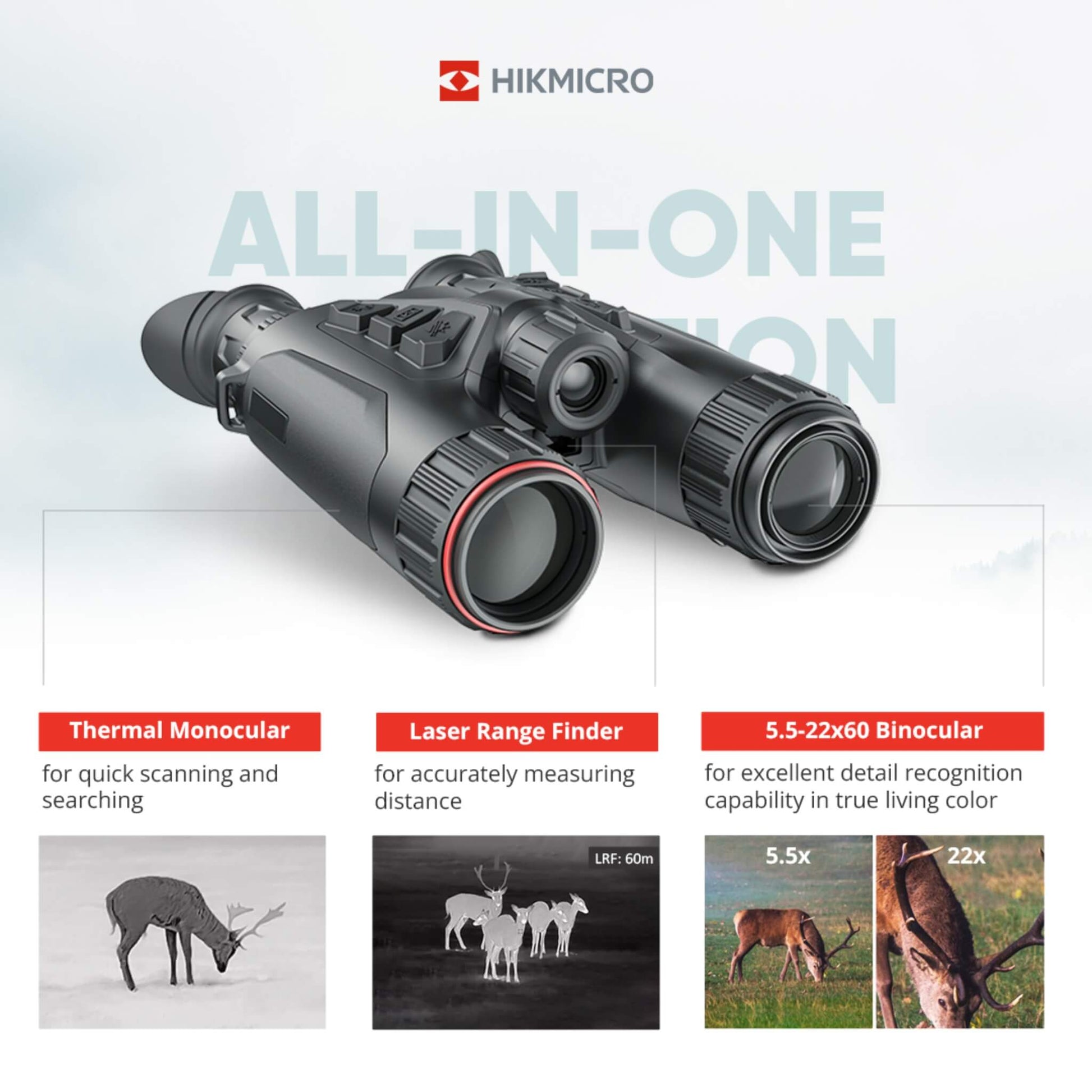 Hikmicro multi-functional binocular with thermal monocular, laser range finder, and 5.5-22x optical binocular capabilities, showcasing the different views of a deer in each mode.