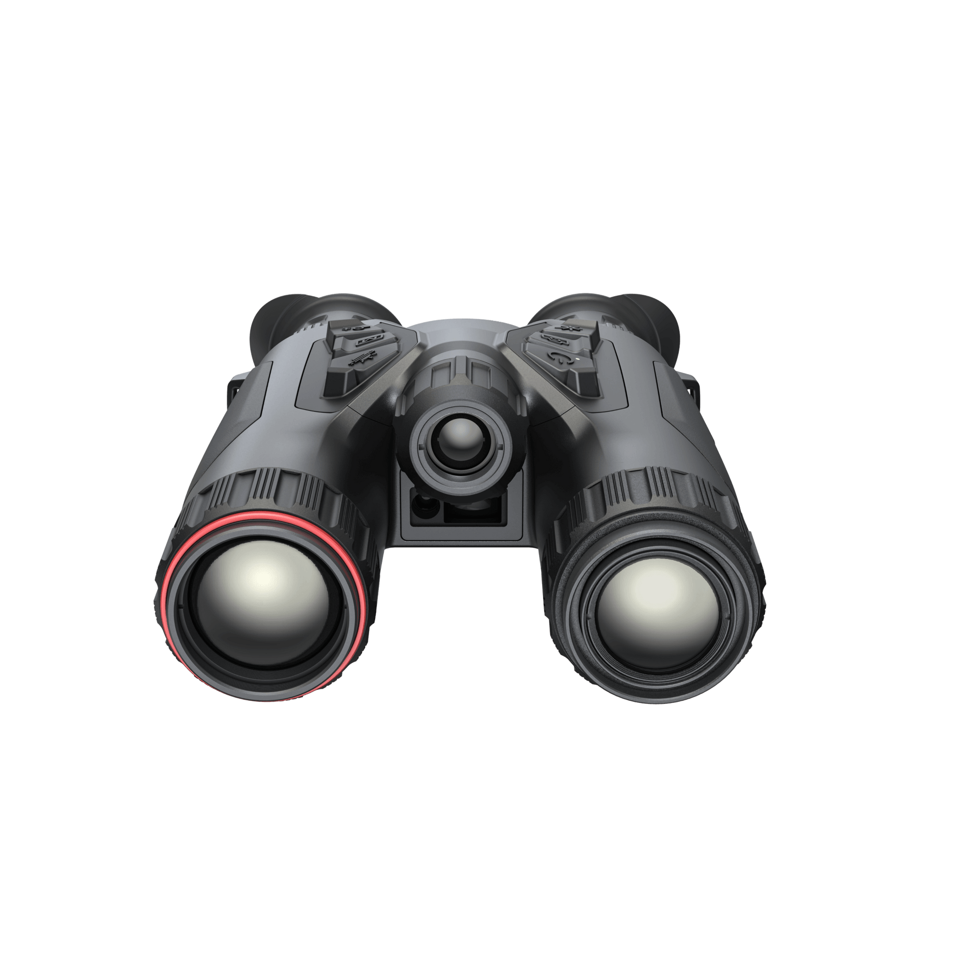 Front view of slightly shown from top view the Hikmicro Habrok 4K HE25L thermal imaging binoculars, showcasing the dual lenses, ergonomic design, and control buttons.