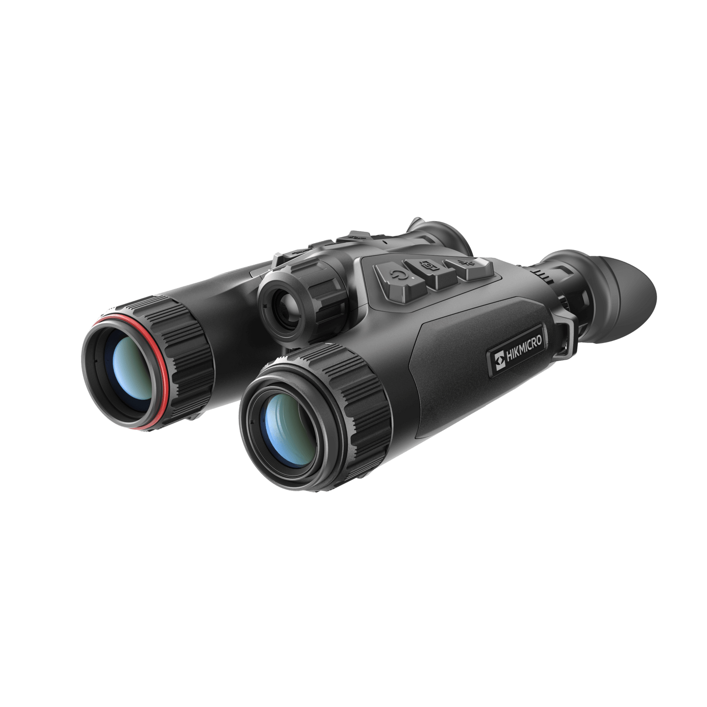 Front view slightly turned left of the Hikmicro Habrok 4K HE25L thermal imaging binoculars, showcasing the dual lenses, ergonomic design, and control buttons.