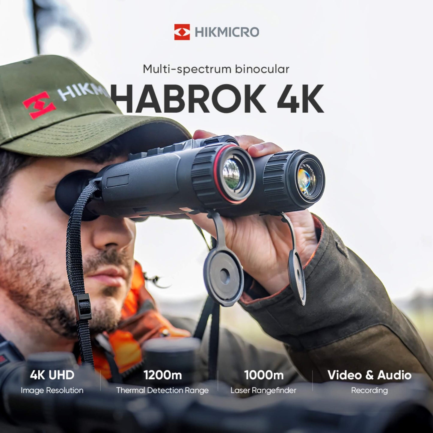 Hikmicro multi-functional binocular with thermal monocular, laser range finder, and 5.5-22x optical binocular capabilities, showcasing the different views of a deer in each mode.