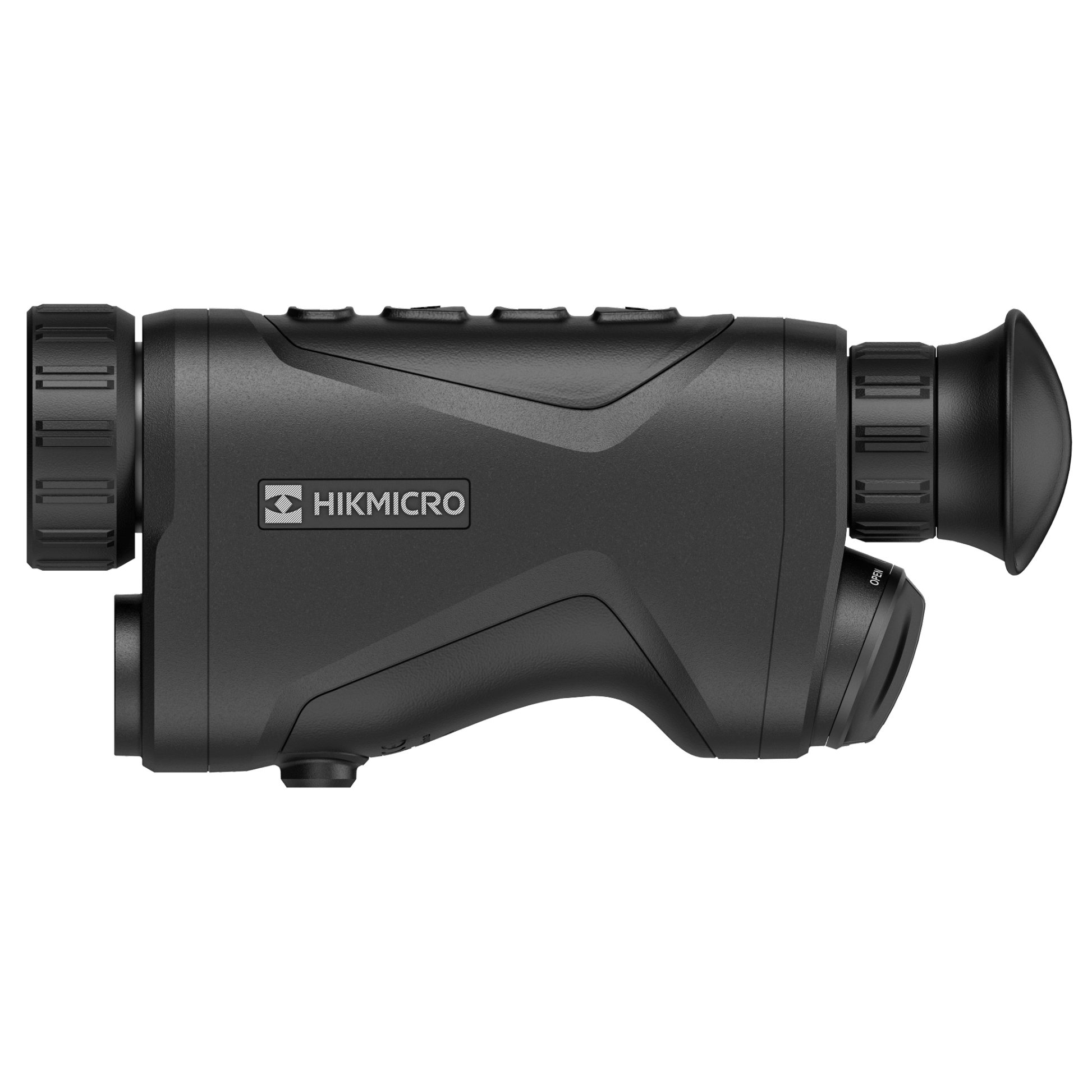 Side perspective of the HikMicro GH35L Thermal Monocular, highlighting its branded logo, sleek matte finish, and tactile control buttons. Perfect for advanced thermal imaging solutions in outdoor, hunting, and security applications.