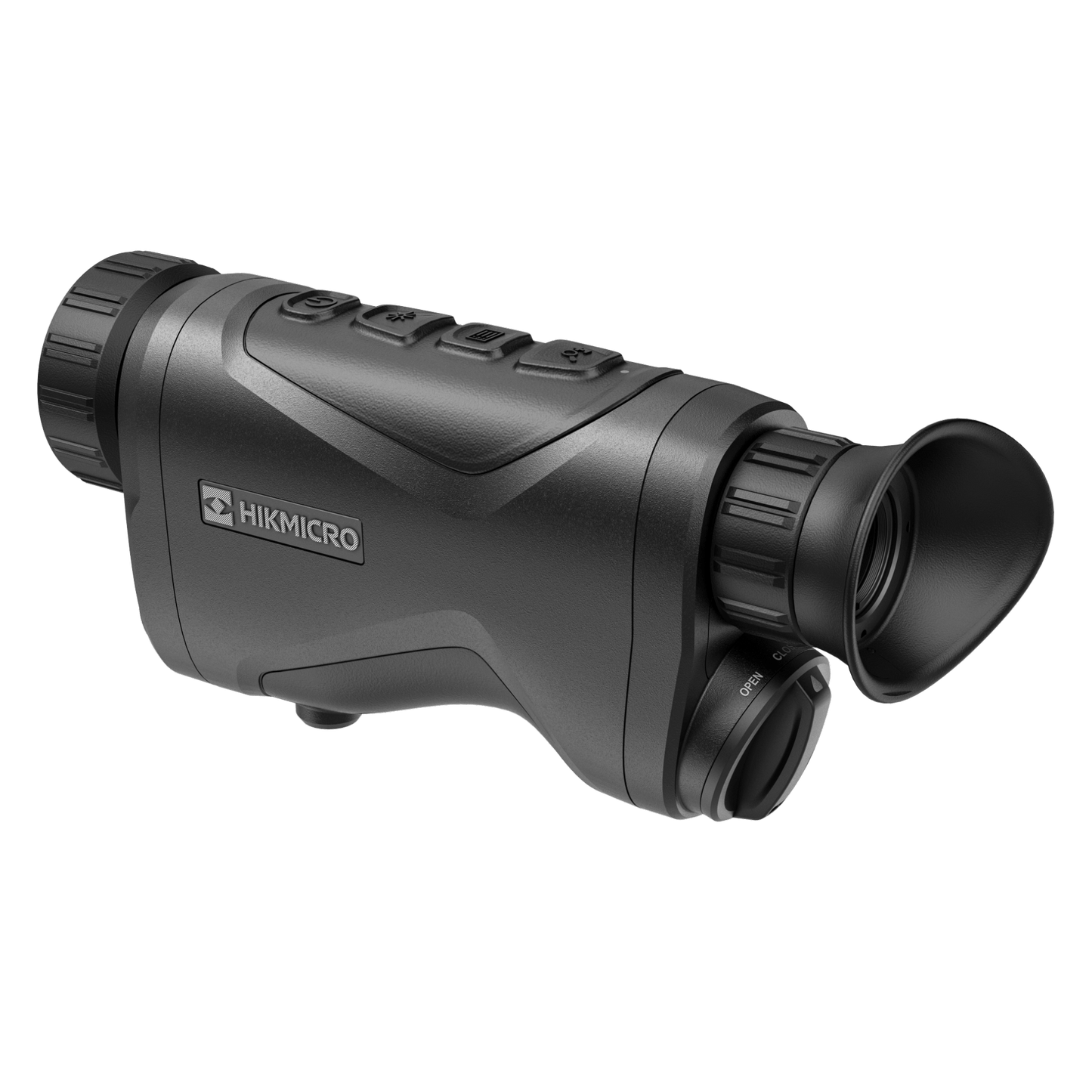 Rear and top view of the HikMicro GH35L Thermal Monocular, emphasizing the eyepiece, battery port, and strategically positioned control buttons. The branded logo is prominently displayed on the textured body, underscoring its application in outdoor, hunting, and security operations.