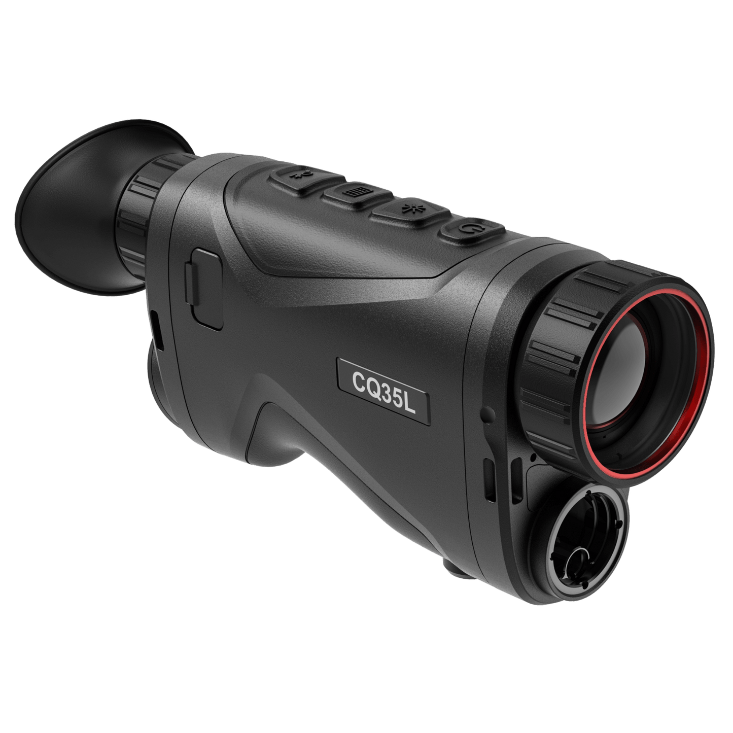 Front view of the CQ35L thermal monocular, showcasing its germanium lens circled in red and the adjacent laser rangefinder.  Distinctive tactile buttons are positioned on top, and the model "CQ35L" is clearly labeled on the side. The robust black casing features contoured grips for user comfort.