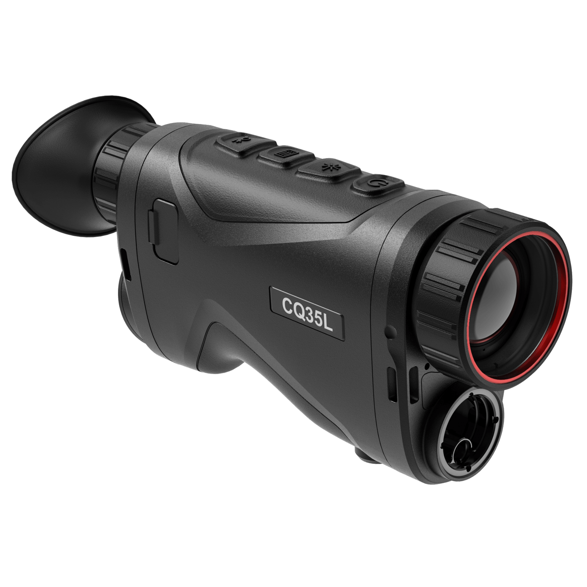 Front view of the CQ35L thermal monocular, showcasing its germanium lens circled in red and the adjacent laser rangefinder.  Distinctive tactile buttons are positioned on top, and the model "CQ35L" is clearly labeled on the side. The robust black casing features contoured grips for user comfort.