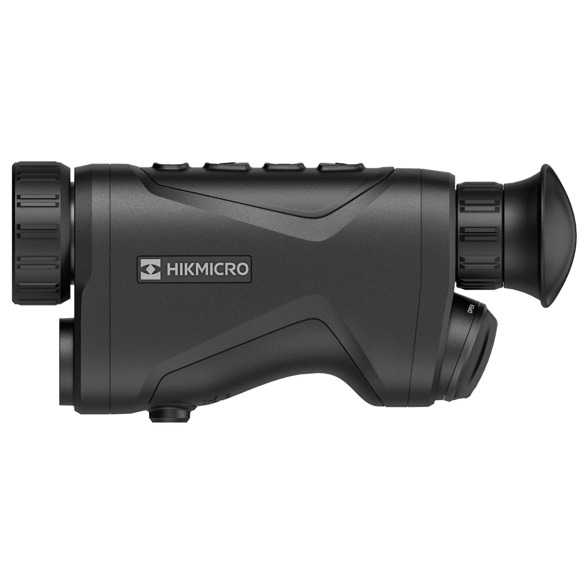Side view of the HikMicro Condor CQ35L thermal monocular, showcasing the HikMicro branding on its sleek black body. The device features adjustment knobs on both ends and an ergonomic grip, indicating its user-friendly design for hunting and security surveillance.