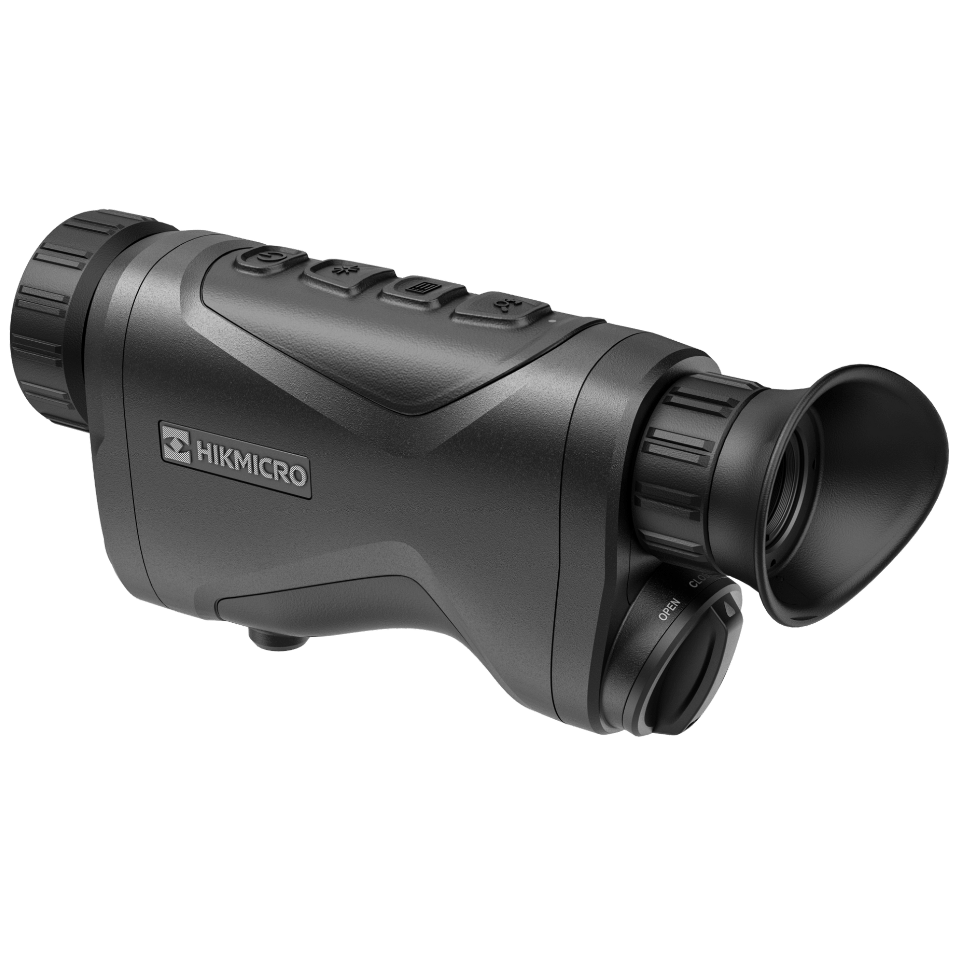 Rear view of the HikMicro Condor CQ35L thermal monocular, displaying its control buttons and HikMicro logo. The device's eyepiece is prominently shown, and its  ergonomic design is accentuated with a focus ring near the eyepiece for precision adjustments. The black matte finish signifies its durable construction suited for hunting and security applications.